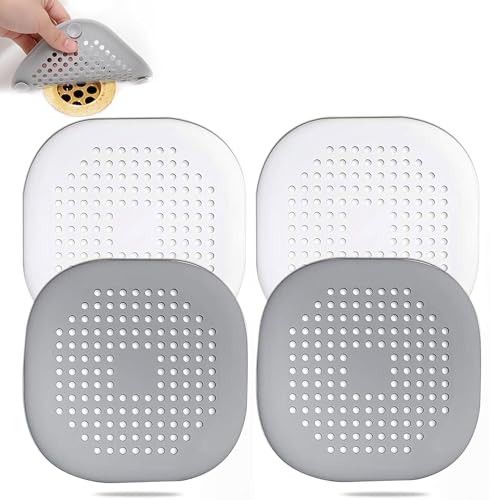 LauCentral Silicone Drain Protector with Sucker - 4 Pcs | Drain Cover Hair/Food Catcher with Sucker for Bathroom, Kitchen, Shower, Sink Strainer Drain Protector (White + Grey)