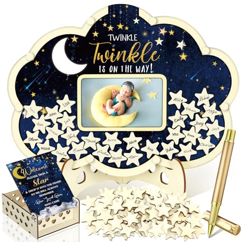 Image of Wenqik 63 Pcs Moon and Star Baby Shower Guest Book Alternatives Set Baby Shower Decorations with Photo Frame Sonogram Frame Keepsake 60 Wood Slices Guest Book for Birthday