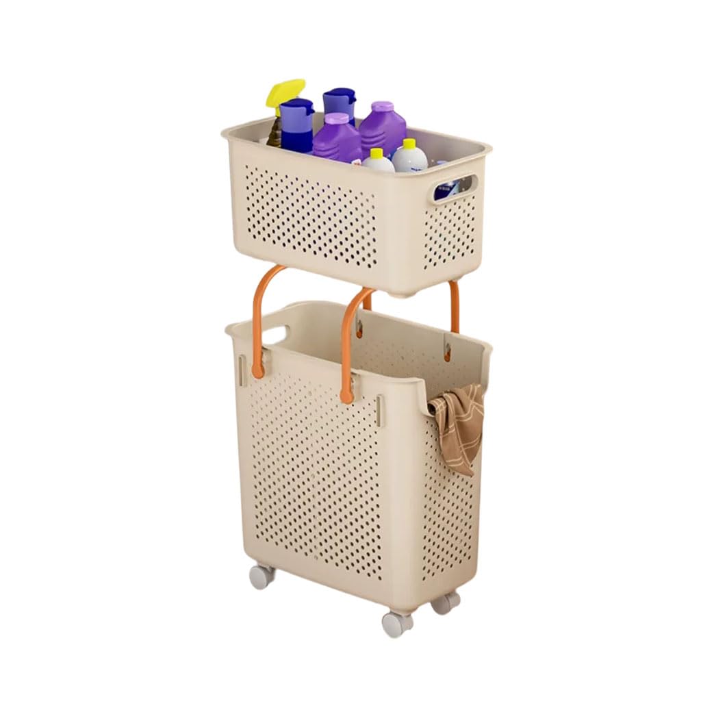 HRGKLMN Two-tier laundry basket made of plastic, washing basket for sorting clothes, stackable laundry hamper for bathroom laundry room,Beige