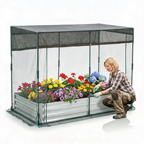 8x4x1Ft Galvanized Raised Garden Bed Kit w/Self Watering Irrigation & Mesh Cover, Metal Bottomless Raised Planter Box for Veggies Herbs Flowers, Rustproof Elevated Garden Bed Backyard Patio Farm
