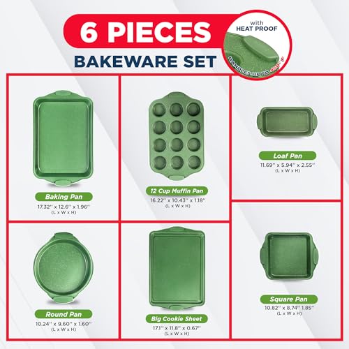 BAKKEN Kitchen Baking Pan Set - Nonstick Green Marble Coating, Carbon Steel Bakeware Sets with Green Silicone Handles, Kitchen Essentials, PFOA, PFOS, PTFE Free, Oven Safe (Up To 450° F), Set of 6 - Image 3