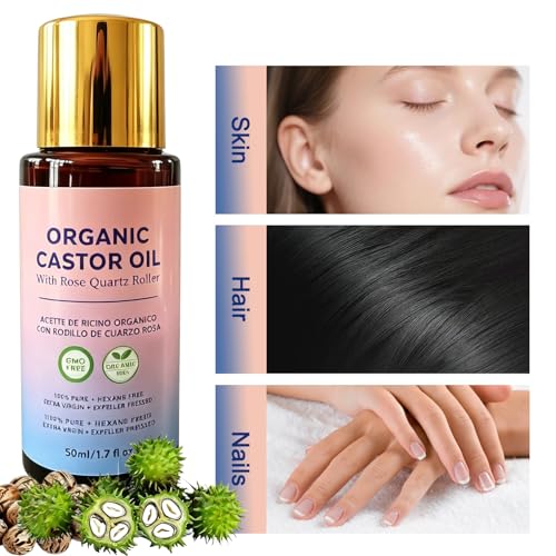 Image of Organic Castor Oil with Rose Quartz Roller Ball, 100% Castor Oil Organic Cold Pressed for Hair, Face & Body Skin Moisturizing Care, Hexane-Free. 1.7 Fl Oz