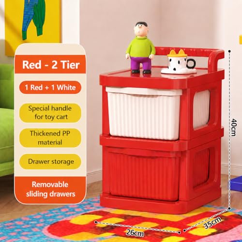 Image of JD FRESH 2 Tier Plastic Storage Drawer Cabinet with Wheels /Plastic Storage Drawer /Multipurpose Chest of Drawer /Storage Box for Living Room, Office and Home /Toys Organizer for Kids Room (Red)