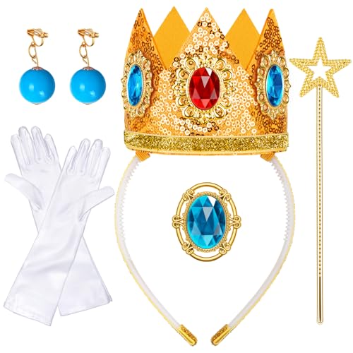 TQTYOY Princess Peach Crown Costume Accessories Include Crown/Wand/Gloves/Earrings/Brooch for Women Girls Halloween Dress up Cosplay Costume Accessories