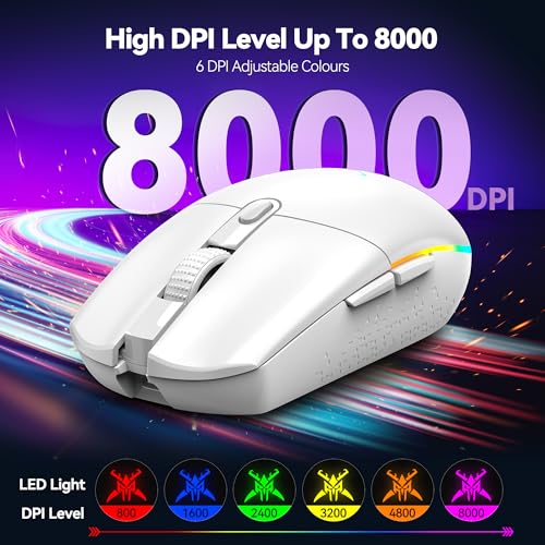 Image of TECKNET Wireless Gaming Mouse - 8000 DPI, RGB Backlit, 6 Programmable Buttons, 100Hrs Battery Life, Dual Mode [2.4G & USB-C] for Laptop,PC,Mac - White