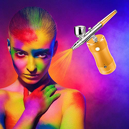 COSSCCI Handheld Airbrush Kit, Portable Mini Air Brush Spray Gun with Compressor Kit Single Action Air Brush Painting Kits for Cake Decorating Makeup Art Nail Model Painting Tattoo Manicure (Gold)
