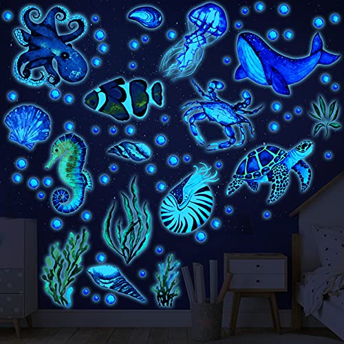 52 Pieces Glowing Wall Stickers Sea Turtle Wall Decals Ocean Creature Wall Stickers Waterproof Ocean Wall Sticker Pvc Sea Animals Wall Stickers For Kids Room Living Room Nursery Bathroom Decoration #TOP6
