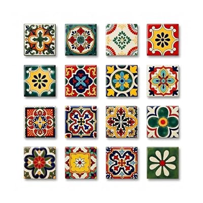 Heimerdinger 16-Pack Mixed Talavera Ceramic Tiles - 1.9"x1.9" Mexican Moroccan Design Mosaic for DIY Home Decor, Waterproof & Fire Resistant