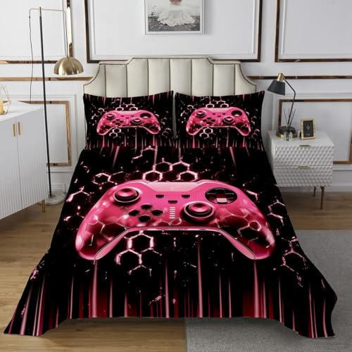Castle Fairy Geometric Gamepad Bedspread Twin Size Bedding for Kids Teens Bedroom Modern Gamer Decor Coverlet Set Pink Honeycomb Gaming Quilt Set for All Season,2 Pcs with 1 Pillowcase