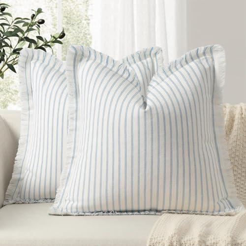 Image of ZWJD Throw Pillow Covers 12x20 Set of 2 Striped Pillow Covers with Fringe Chic Cotton Decorative Pillows Square Cushion Covers for Sofa Couch Bed Living Room Farmhouse Decor, (Light Blue)