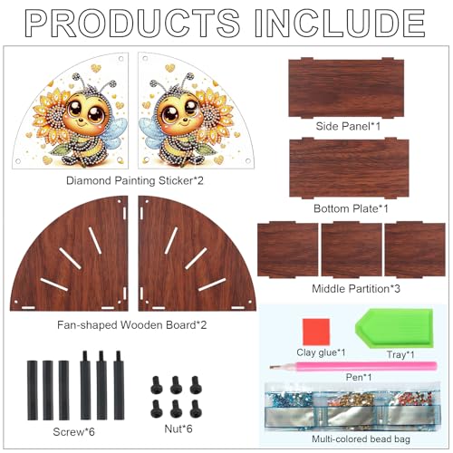 Image of Bee and Sunflower Diamond Painting Organizer - DIY Wooden Multi-Compartment Desktop Storage Box, Rustic Tabletop Craft Kit for Adults Home or Office Use