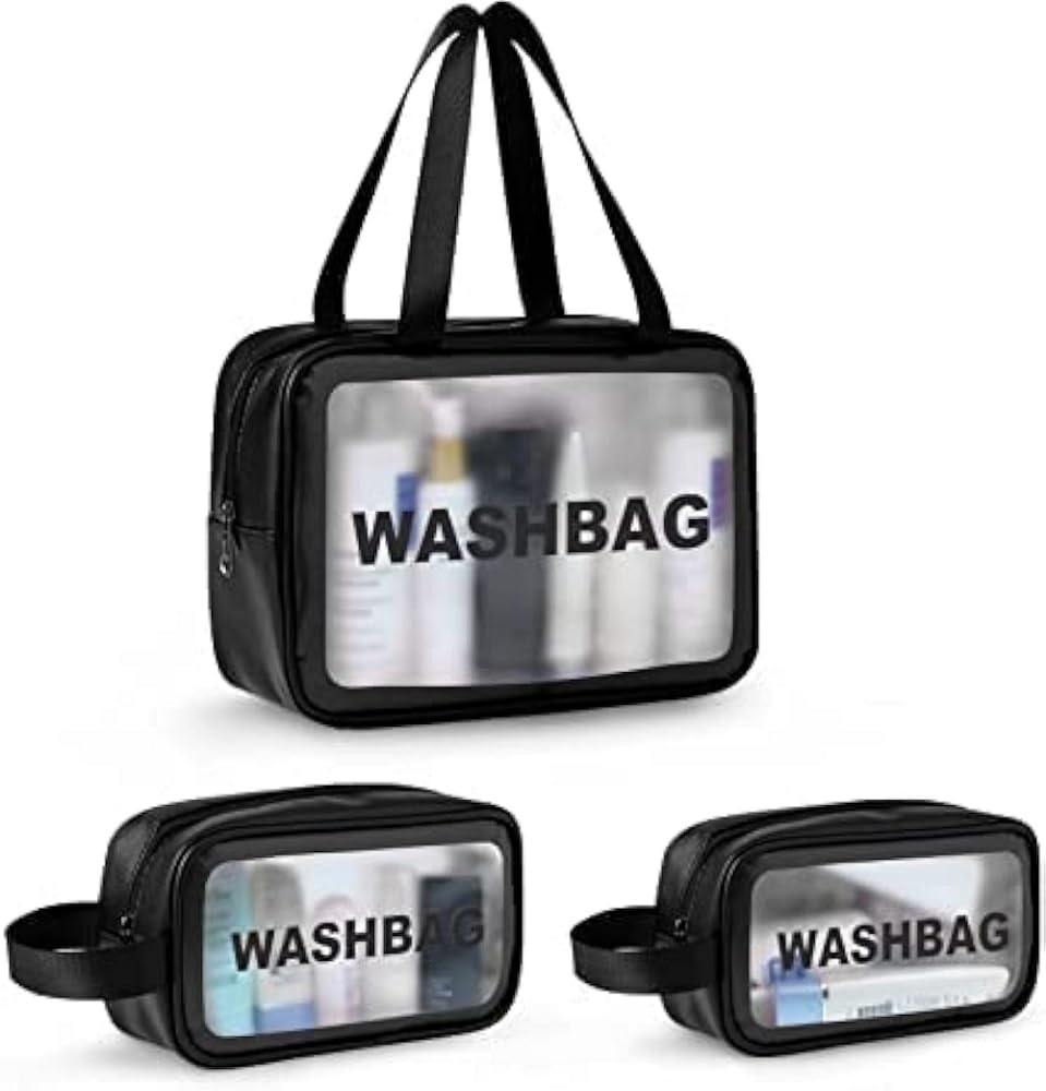 Washbag Toiletry Kit Organizer for Travel - Waterproof Cosmetic & Makeup Pouch Set of 3 (Large, Medium, Small) - Transparent Travel Wash Bag for Men & Women-Black-image-6