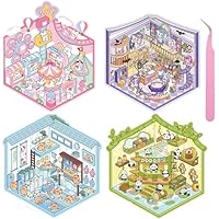 Wnqou 4 Sets DIY 3D House Stickers with Adorable Panda Teahouse & Miniature Hot Spring Cottage Scenes - Cute Cartoons for Adults, Kids, Fun Magic House Sticker Games for Girls