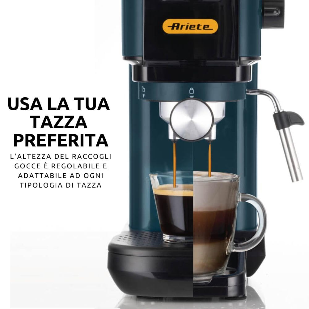 Ariete 1399 Macchina da caffè espresso Mango Yellow, Per polvere e cialde ESE, 1300 W, Capacità 1,1L, 15 bar di pressione, Filtro 1, 2 tazze e cialda ESE, Cappuccino, Giallo