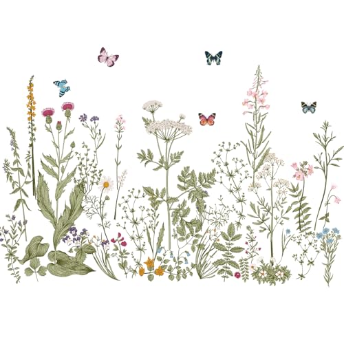 Wildflower Grass Wall Decals Butterflies Stickers Dragonflies Floral Wall Murals Peel and Stick Wall Art Decor Sticker for Girls Bedroom Living Room Office Home Decor