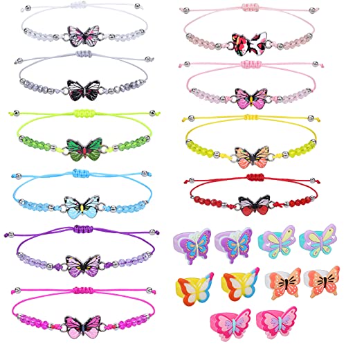 VEGCOO Bracelet Enfant Fille,20 Pcs Bracelets Amitiés Papillons Filles et Bagues Papillons pour Cadeau Anniversaire Fête Fille Cover