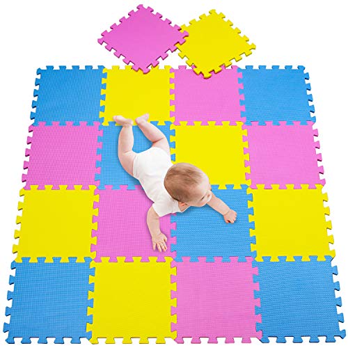 meiqicool 18 Pcs Alfombra Puzzle Infantiles 142x114 cm Rosa Amarillo y Azul Goma Espuma Alfombrillas para Puzzles 030507