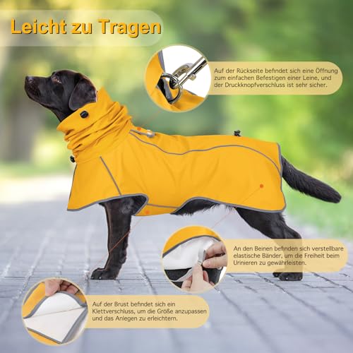 Sugiifamy Regenmantel Hund, Wasserdichter Hunderegenmantel, Einstellbare Regenjacke Hund mit Klettverschluss und Sicheren Reflektierenden Streifen für Kleine Mittelgroße Groß Hunde (Gelb, L)