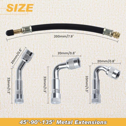 Image of Tire Valve Extension 8 Inch Flexible Valve Stem Extenders with 45 Degree 90 Degree 135 Degree Schrader Tire Valve Extension Adaptor Compatible for Cars Truck Motorcycle Bike Scooter Bicycles