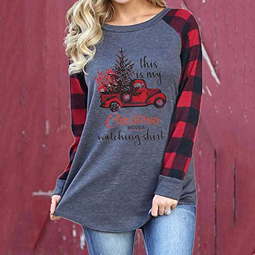 Womens This is My Christmas Movies Watching Shirt Plaid Raglan Long Sleeve T-Shirts Xmas Vacation Tee Tops Funny Tunic XXL