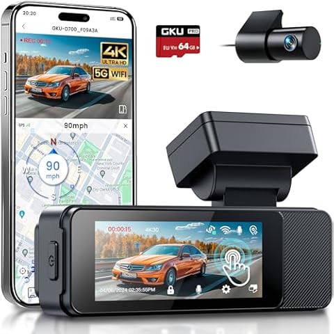 GKU Dash Cam Front and Rear, Touch Screen 3.18 Inch, 4K+1080P Dashcam, Built-in 5GHz WiFi GPS, Dash Camera for Cars with Night Vision, WDR, 24H Parking Monitor, Supports 512GB Max (D700 Touch) Cover