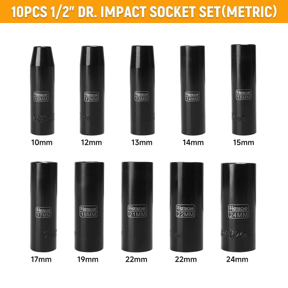 Hoteche Juego de 10 piezas de repuesto de 1/2 pulgadas neumáticas métricas, material CRV, electroforesis, mate, en caja de conos de helado
