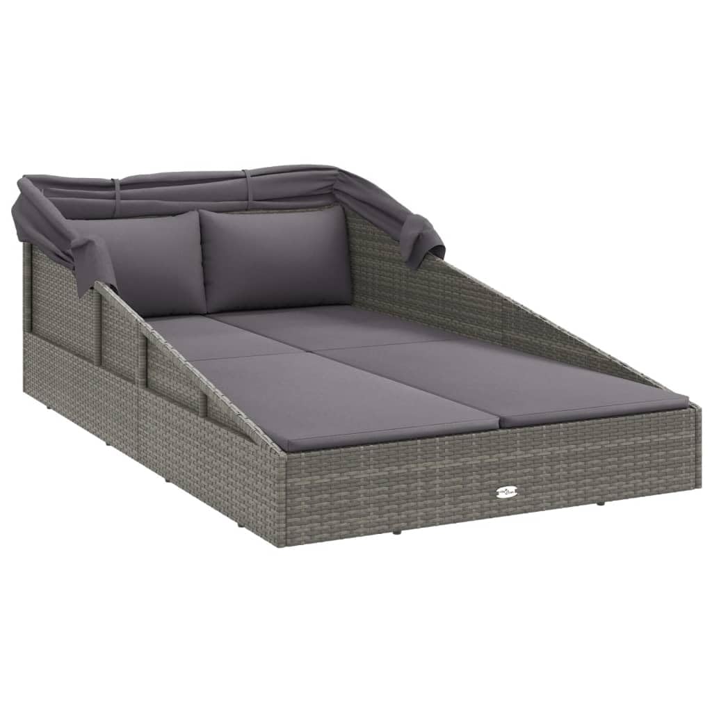 Lettino da giardino con tetto pieghevole in polyrattan, resistente alle intemperie e pieghevole, 200 x 114 x 128 cm, per terrazza, balcone, piscina, con imbottitura e protezione solare