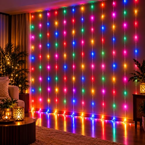 Desidiya 200 LED Waterfall Curtain String Lights 3x2m Multi Color 8 Lighting Modes, Adjustable Brightness, Memory Function, 10 Hanging Strands, Indoor