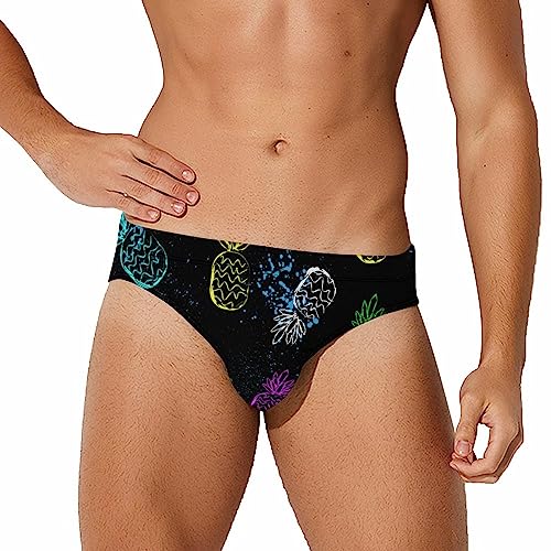 Supdreamc Men's Fashion Low-Rise Swimming Briefs, Quick Dry Board Shorts with Elastic Waist Drawstring for Surfing Beach Volleyball, (Compatible with colorful pineapple black, XX-Large)