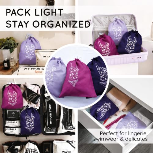 Image of Lingerie Bag for Travel Set of 3, Women Lingerie Bags with Drawstrings, Double-Layered Polyester Beach Bags for Swimwear, Underwear & Storage, 15x15 Inches (Navy-Magenta-Lavender)