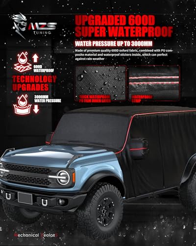 Image of MZS Cab Cover Compatible with Bronco 4 Door 2021-2026, 600D Waterproof Bronco Cover with Driver Door Zipper 8 Gust Hook Car Half Cover Windproof Sun Snow Rain Scratch Protection