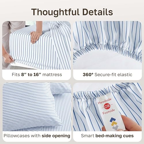 Image of California Design Den Printed Striped Bed Sheets Full Size Set - 600 Thread Count, 100% Cotton Sateen, Premium Deep Pocket Full Sheet Set - Classic Blue Stripe Print