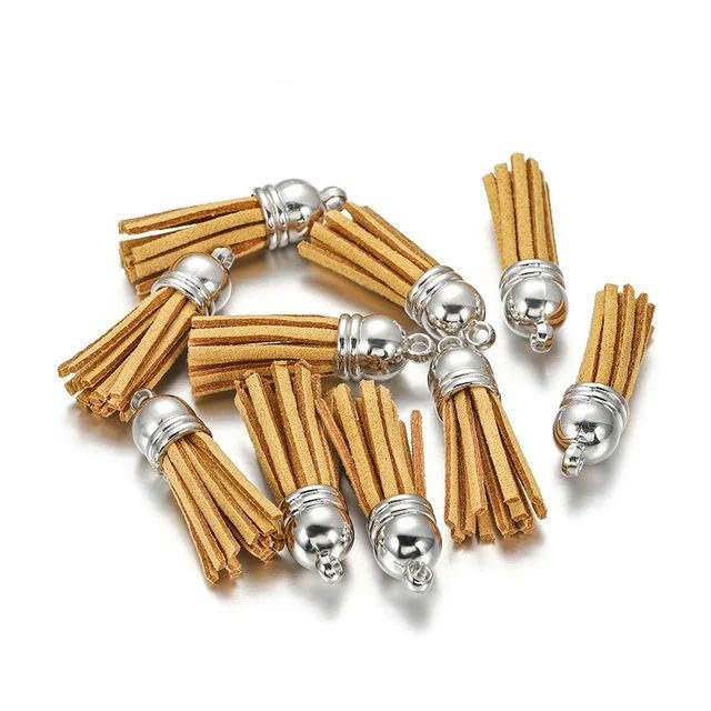 10/20/60pcs 38mm Vintage Leather Tassels Fringe Purl Macrame For DIY Jewelry Making Keychain Cellphone Strap Pendant Accessories-Light brown-10pcs Rose Gold Cap