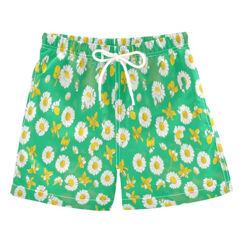 Swimming Shorts for Boys, Swimwear for Toddler Boys 2t, White Flowers Daisies Green