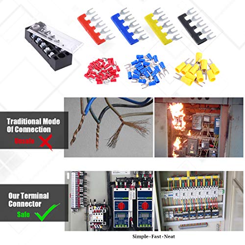 Glarks 70Pcs(5Sets) Terminal Block Set, 5Pcs 5 Positions 600V 15A Dual Row Screw Terminals Strip + 5Pcs Pre-Insulated Barrier Strips + 60Pcs Insulated Fork Wire Connector (5P+Fork Connector) #TOP3