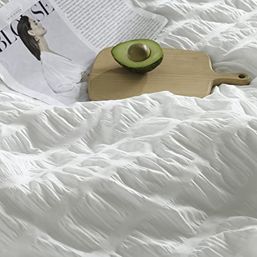 Djoymock White Textured Seersucker Duvet Cover Set Queen Size Bedding Soft Ruffled Pillowcases, Zipper Closure,100% Washed Microfiber, Luxury Bedding Set 90*90Inches #TOP5