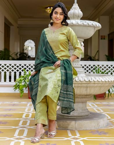 Image of SIRIL Women's Taffeta Jacquard and Embroidery Work Straight Kurta Pant with Dupatta Set