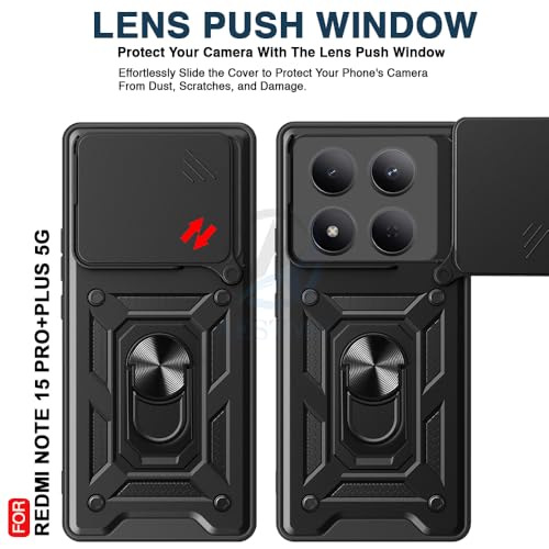 Image of AESTMO Tough Armor Redmi Note 15 Pro Plus 5G Bumper Back Case Cover | Ring Holder & Sliding Camera Shield Cover | 360 Degree Protection Back Case Cover for Redmi Note 15 Pro Plus 5G (Black)
