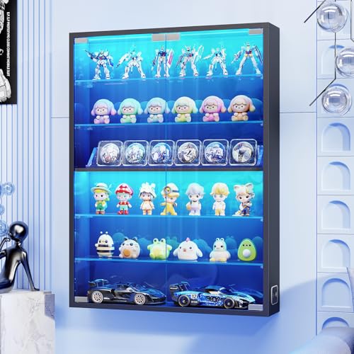 Aauro Home 6-Tier Wall Display Case with Glass Doors, LED Sports Card Display Case with Adjustable Glass Shelves, Shot Glass Display Case for Collectibles, Display Cabinet for Trading Cards, Black