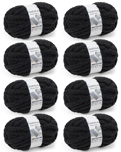 Image of Cozyful Chunky Yarn for Hand Knitting, #9 Thick Jumbo Big Chunky Yarn for Crocheting, Super Chunky Knit Blanket Yarns, Large Chunky Chenille Yarns, 8 Pack (30 yds 8 oz Each Skein), Black