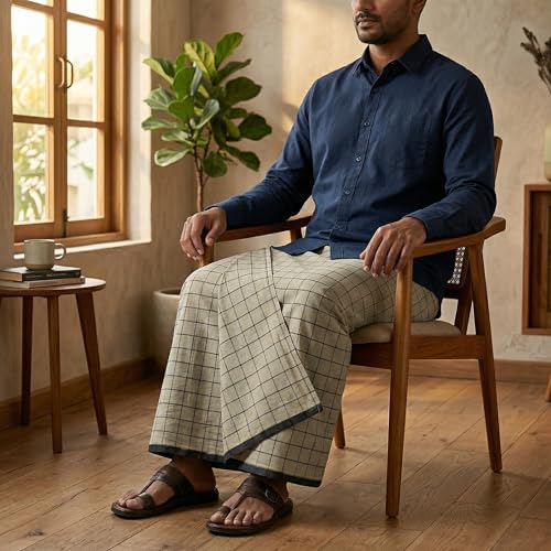 Image of Premium Pure Cotton Lungi for Men 1.98 x 1.28 Meters | Khaki Checkered Dhoti, Handwoven Ethnic Wear, Traditional Cotton Mundu, Hem-Stitched Single Lung, Comfortable Daily Use