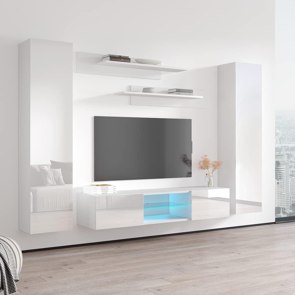 Meble Furniture Fly AB2 33TV Stand Wall-Mounted Entertainment Center — Floating Modern TV Console with Storage Shelves and LED Lights, 65.4 x 15.7 x 18.1 in — White