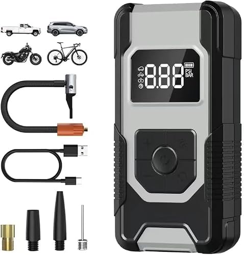 Portable Tyre Inflator Pump with Digital Display, 4X Faster Inflation, Real-Time Pressure Monitoring, USB Rechargeable, for Cars, Motorcycles and Bicycles