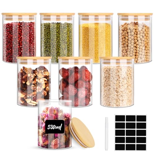 Ezvsevuo 8pcs Tarros de Cristal con Tapa, 530ml Botes Cocina Almacenaje, Tarros Cristal Hermeticos con Tapa Bambú, Recipientes de Cristal para Alimentos, Pasta, Cereales, Legumbres, Café