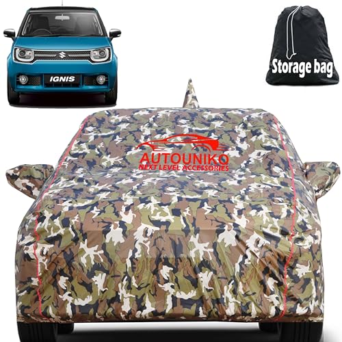 Image of Waterproof Car Body Cover for Maruti Ignis with Mirror and Antenna Pocket and Soft Cotton Lining (Full Bottom Elastic Triple Stitched) (Army)
