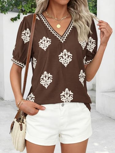 BTFBM Casual Summer T Shirts Going Out Tops for Women Beach Vacation Clothes Short Sleeve Blouses V Neck Boho Tunicss(Brown White Flower,X-Large) — view 3