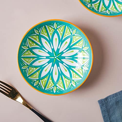 Image of Nestasia Ceramic Round Snack Plate Set of 4 (5.5 Inch Each) - Floral Dahi Bhalla Plate for Serving Chaat, Halwa, Chakna, & Desserts | Microwave & Dishwasher Safe Small Plate (Green)
