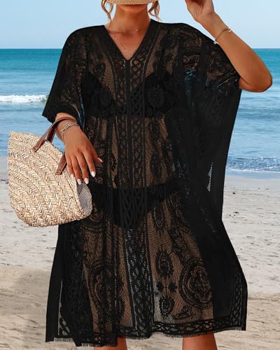 Womens Lace Bathing Suit Cover Up V Neck Beach Coverup Summer Swim Coverups Loose Bikini Beach Dress2