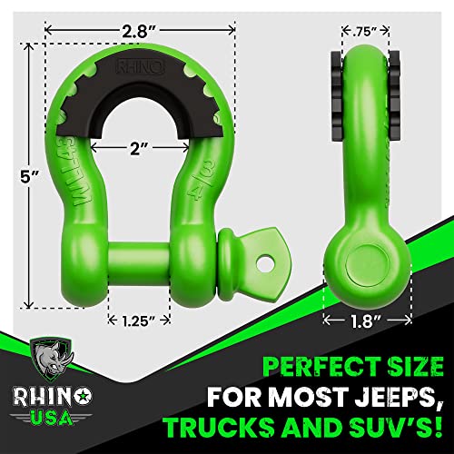 Image of Rhino USA D Ring Shackles (2-Pack) - 41,850lb Break Strength - Heavy Duty 3 /4 inch Clevis Shackle with 7 /8 Pin for Towing & Off-Road Use - Pairs with Tow Strap for Vehicle Recovery (Green)