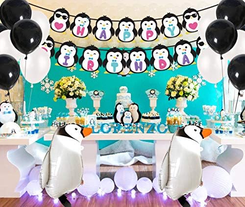 Penguin Party Supplies, Penguin Happy Birthday Banner, Walking Penguin Balloons Cake Toppers for Arctic Polar Animals Decorations, Kids Birthday, Baby Shower Party Favors
